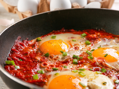Prato saboroso de Ovos no PurgatĂłrio com molho de tomate